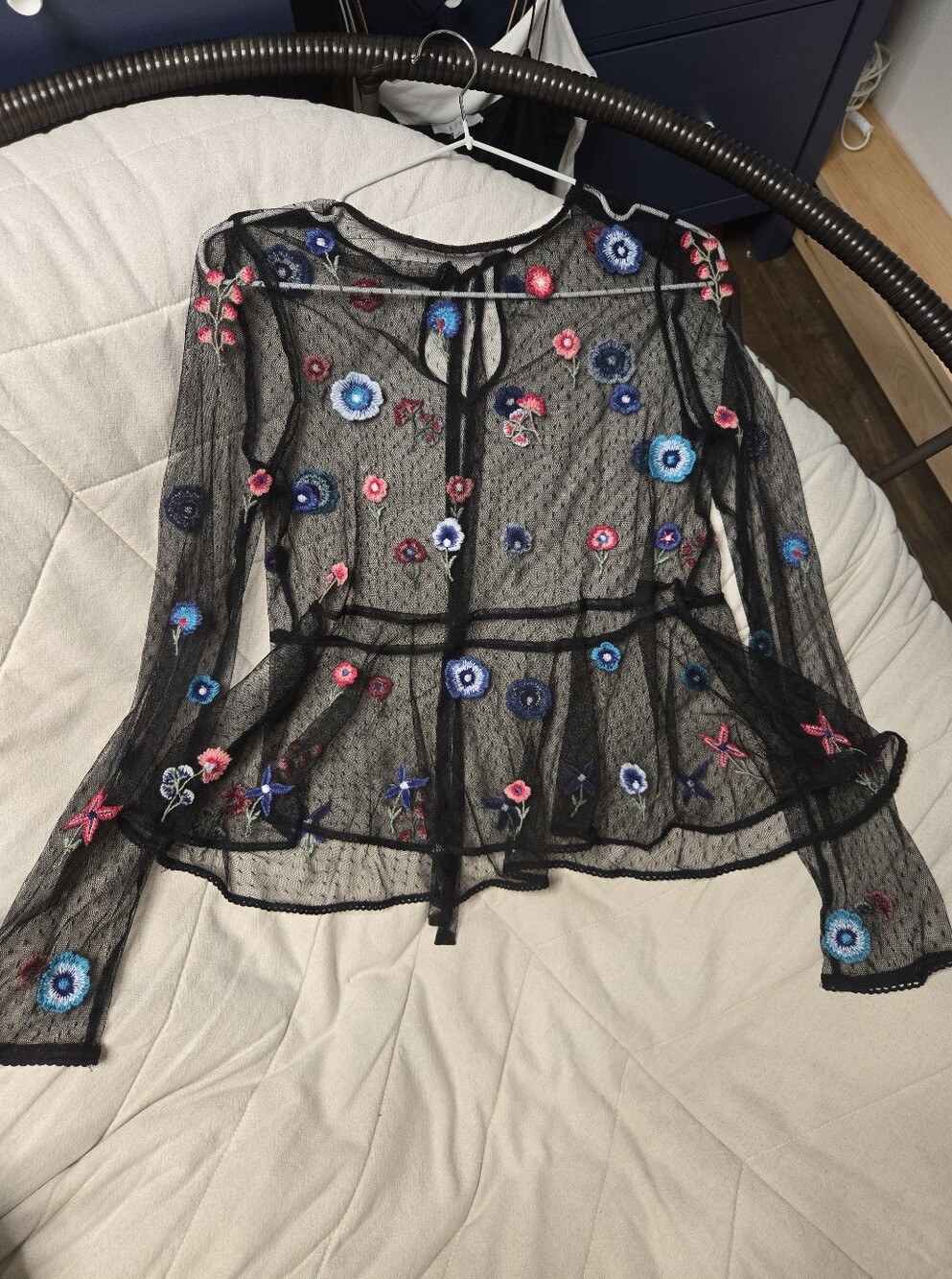 Zara Black sheer Mesh floral embroidery Top Xs